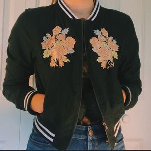 Chelsea & Violet Women’s Black Bomber Jacket With Floral Embroidery Details